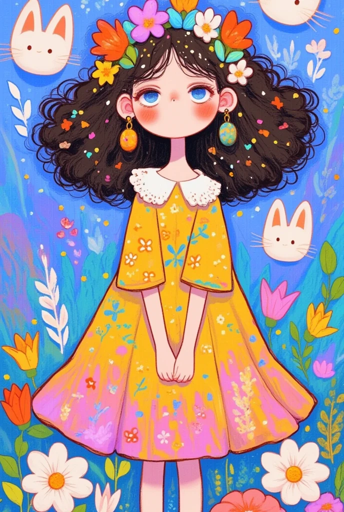  a picture of a girl wearing flowers on her head, Girl in the flowers, Flower Girl,  Draw , Flowers in her hair , Wearing a floral dress, Colorfull illustration,  a non-binary god of spring in fantasy style , Girl with a wreath, Whimsical Portraits, Cute illustrations, Girl made of flowers,  flowers in hair ,  colorful illustration 