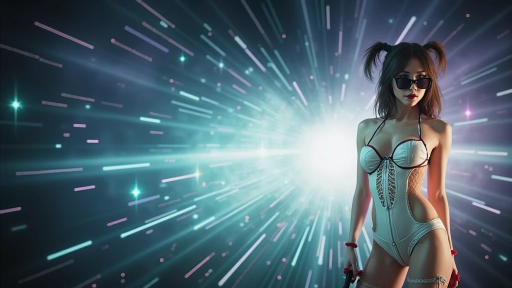 (best quality,4k,8k,highres,masterpiece:1.2),ultra-detailed,(realistic,photorealistic,photo-realistic:1.37),vibrant colors,electronic music background,full color,photo,poster,fashion,abstract design,modern style,dynamic energy,energetic atmosphere,striking visual effects,pulsating rhythm,creative visuals,stylish composition,glowing lights,futuristic elements,technological elements,synthesizer,turntables,CDJs,headphones,neon lights,glittering disco ball,dancing crowd,stylishly dressed models,(((black sunglasses, medium-breast:1.2))),eclectic fashion choices,colorful patterns,shimmering fabrics,sharp lines,mirror reflections,playful poses,dynamic movement,dynamic light and shadow,dazzling visual spectacle,artistic expression,electric ambiance,multimedia experience, cinematic lighting, lens flare, ray tracing