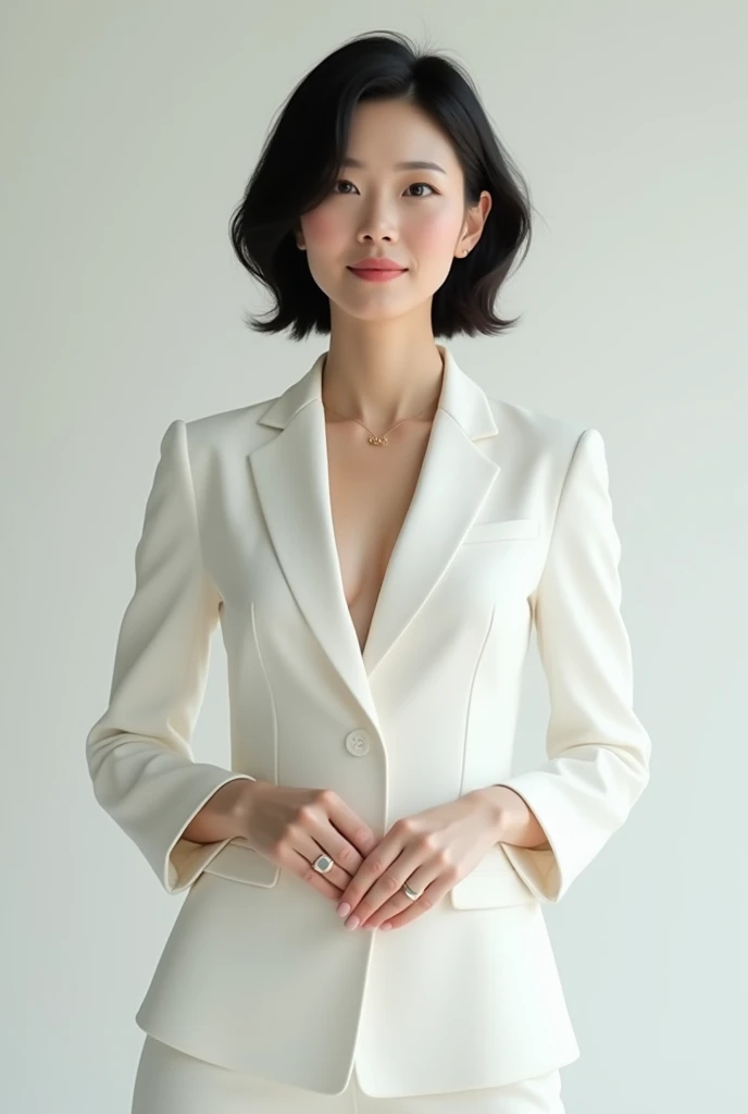 High resolution, High-level image quality, High definition, masterpiece, Rough skin, Anatomically correct, sharp, 
Gray background, 
((Japanese Mature, 90 years old)), One person, ((Facial wrinkles, Long, straight, light brown hair that reaches the shoulders)), Shapely big breasts, Chubby body type, Mouth closed and serious face, 
(((Standing upright and looking at the viewer))), 
(A white shirt with a button-up collar that can be seen through a white summer blazer, knee-length white skirt), 
Beautiful shins, ((Cowboy Shot))
