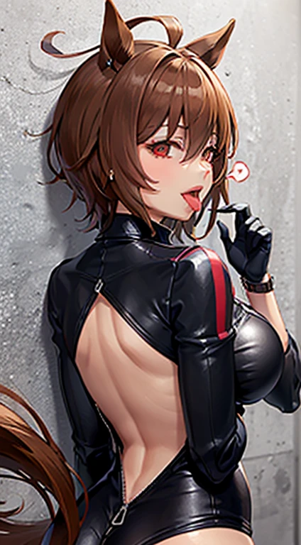  profile,   perfect hand, (Big Breasts:1.5), Inner Body,  cowboy shooting,  nighttown, ((Seduction by hand)), (1 hand in front of mouth), ( detailed red eyes ), ( eye closed :0.5), ( Full Tight Zip Black Bodysuit:1.1),  Agnes Takyon  \(Horse Girl\),  short brown hair looking , (:0.7),  enchanting smile with your back against the wall, (( sticking out the tongue :1.3)), ( Very Very Long Tongue ), (( opening your mouth wide )), (spoken hearts), ( watch viewers:1.2), BJ-FACE-POSE