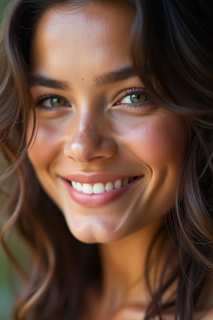 Generate a photo of a 25 year old girl&#39;s face smiling. real photografic.