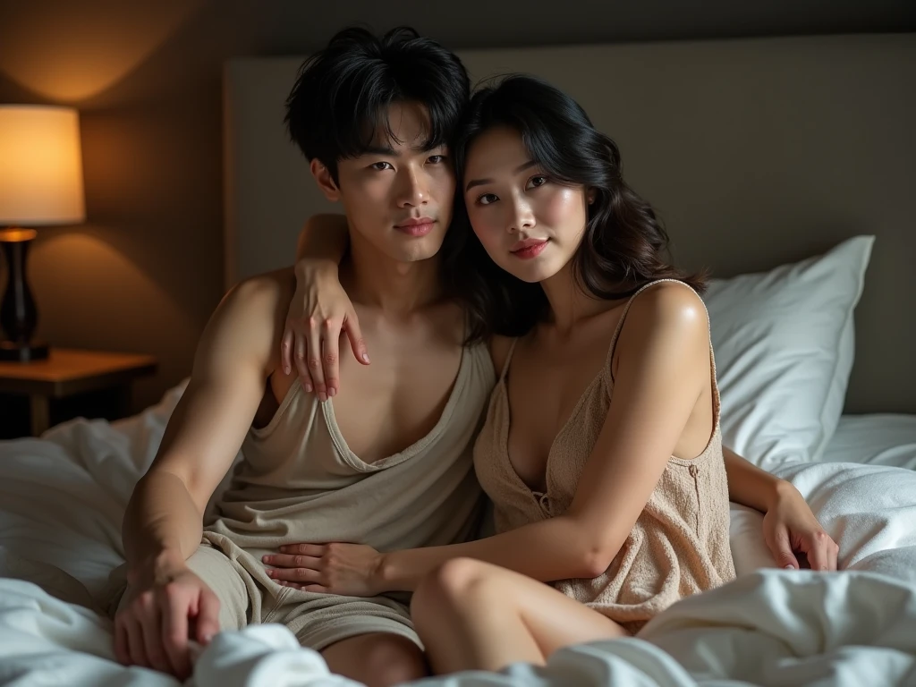 Realistic image of a Korean woman with fair skin, perfect proportions, not naked, porn, A beautiful gorgeous plump korean 20-year-old woman wearing a Light grey bra panty, long hair, huge breasts, hot body curves, smiley face, white skin, laying on bed with 21 years old handsome man