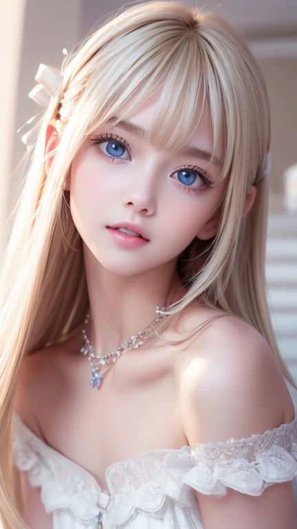 Realistic、The ultimate beautiful blonde、Ultra Recruitment、One ****-***** young idol girl、Distant Gaze、ootd、Off-the-shoulder white top、Round and young face、Accessories Full、 Necklaces 、Big, clear, and incredibly bright, vivid ice mint-colored eyes that shine beautifully、 big eyes、Long eyelashes、 Big Breasts 、 slim waist 、Light makeup、Neat teeth、Light blonde hair、Small Face Beauty、Very white, young, shiny skin、 super long straight silky hair 、bangs、目と目の間のbangs、目にかかるbangs、Round face