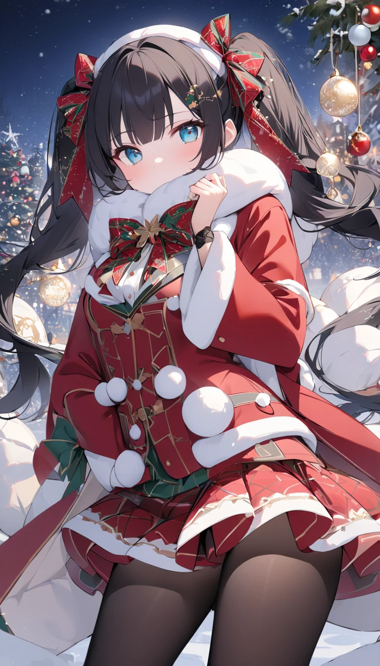  Christmas、snow景色、snow、evening、 Christmasツリー、Lots of ornaments 、( slim、1 person,  cute young woman, , medium bust,  black hair、 twin tail hair 、Azure Eyes、 big red lace ribbon on hair ),delicate beautiful eyes , eyes are drawn in detail , high definition , masterpiece, pictures of girls , cute and beautiful face down to the last detail、Beautiful Bangs, Bangs between the eyes, ( eyeliner , lipstick:0.9), Christmasコーディネート(long sleeve coat、 muffler 、 Mini Skirt、 stockings)