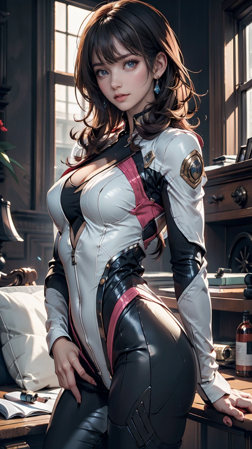 1girl,smile,(Masterpiece: 1.3), (Maximum resolution: 1.2), (Ultra HDTV: 1.2), Cinema light, Ultra HDTV, (Detailed eyes and skin), (Detailed facial features), HDR, 8k resolution, Sharp Focus: 1.2, Perfect style, beautiful face, accurate, anatomically correct, highly detailed beauty face and skin texture, detailed eyes, brown eyes, double eyelids, thin eyebrows, glitter eyeliner: 1.2, natural cheeks, glossy skin, fair skin: 1.2, shiny little necklace and earrings, (glossy lips: 1.4), natural lighting, masterpiece, highly detailed, illustration, game CG, absurdres, high quality, medium breasts, redhead, lightly curled hair, freckles, glossy lips, looking at viewer, lips parted, classroom, white blouse, cleavage, short black pleated miniskirt, school uniform, sitting, (legs crossing:1.5)