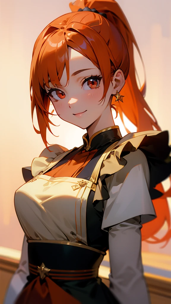 work of art, best qualityer, {best qualityer}, {{work of art}}, {high resolution}, focusing, anime styling, a close up of a cartoon woman, project , Immediately, portraite, giesha, anime image, long hair, chestnut hair, heterochromatic eyes, hair covering ears, glad, Polished and powerful appearance, exotic, Cao Cao, freckles, smiling, blush, looking ahead at viewer   