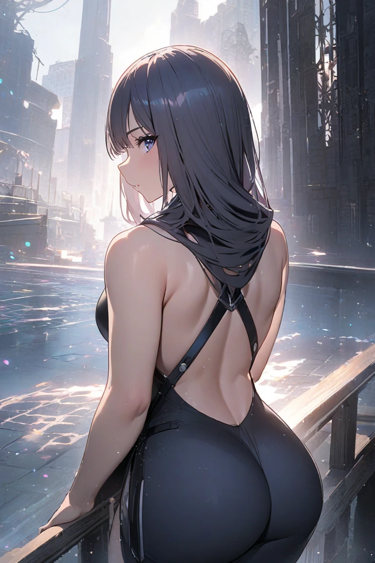 (extremely detailed CG unity 8k wallpaper),(masterpiece),(best quality),(ultra-detailed),(best illustration),(best shadow),(absurdres),1girl, solo,sitting, cyberpunk cityscape,night city \(city\), stealth in the city, scar, small breast, masterpiece, turtleneck sweater, professional artwork, perfect face,perfect eyes,nagatoro hayase, hair ornament, brown eyes, hairclip,dark skin, black hair,tank top, shorts, cowboy shot, black hair, beautiful face, intense look, ((perfect female body, narrow waist)), background city, NSFW, erotic, porn, sex, back view, from back, showing off her ass, grabbing her ass, opening her ass, hands on her ass,