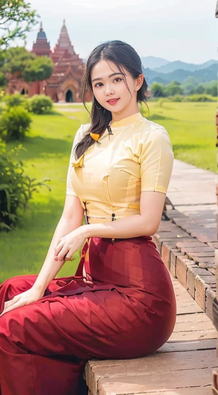 The World Heritage Site of Bagan Pagoda (Ananda Pagoda, Sabtanyu Pagoda, Shwe Sigon Pagoda, Lokananda Pagoda, Dhammaranggyi Pagoda) is in the background. A young woman in her 20s is posing in various poses and styles. The best and highest quality photo was taken to enter the award-winning photo contest. Clear and sharp images, the natural scenery of Bagan Pagoda. She is elegant and beautiful. She has high hips and a curvy body. She has a smiling face and bright eyes. She is full of herself. The highest quality HD photo.