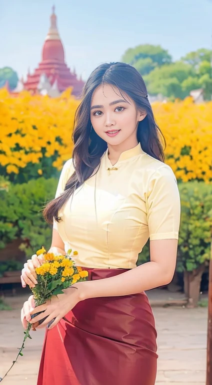 The World Heritage Site of Bagan Pagoda (Ananda Pagoda, Sabtanyu Pagoda, Shwe Sigon Pagoda, Lokananda Pagoda, Dhammaranggyi Pagoda) is in the background. A young woman in her 20s is posing in various poses and styles. The best and highest quality photo was taken to enter the award-winning photo contest. Clear and sharp images, the natural scenery of Bagan Pagoda. She is elegant and beautiful. She has high hips and a curvy body. She has a smiling face and bright eyes. She is full of herself. The highest quality HD photo.