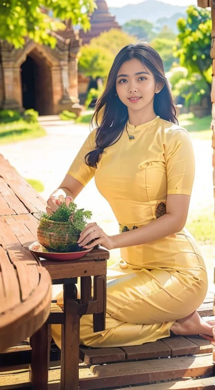 The World Heritage Site of Bagan Pagoda (Ananda Pagoda, Sabtanyu Pagoda, Shwe Sigon Pagoda, Lokananda Pagoda, Dhammaranggyi Pagoda) is in the background. A young woman in her 20s is posing in various poses and styles. The best and highest quality photo was taken to enter the award-winning photo contest. Clear and sharp images, the natural scenery of Bagan Pagoda. She is elegant and beautiful. She has high hips and a curvy body. She has a smiling face and bright eyes. She is full of herself. The highest quality HD photo.