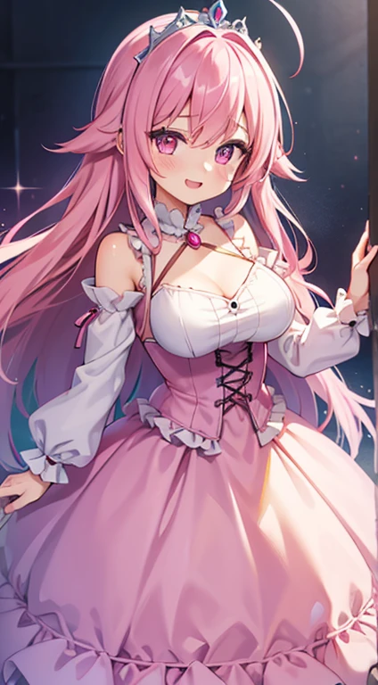 Long light pink slightly curly hair，sky blue eyes，Star，girl，devil horns，heart motif，Succubus，Playful