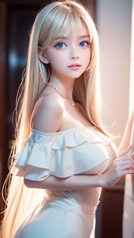 Realistic、The ultimate beautiful blonde、Ultra Recruitment、One ****-***** young idol girl、Distant Gaze、ootd、Off-the-shoulder white top、Round and young face、Accessories Full、 Necklaces 、Big, clear, and incredibly bright, vivid ice mint green eyes that shine beautifully、 big eyes、Long eyelashes、 Big Breasts 、 slim waist 、Light makeup、Neat teeth、Light blonde hair、Small Face Beauty、Very white, young, shiny skin、 super long straight silky hair 、bangs、目と目の間のbangs、目にかかるbangs、Round face