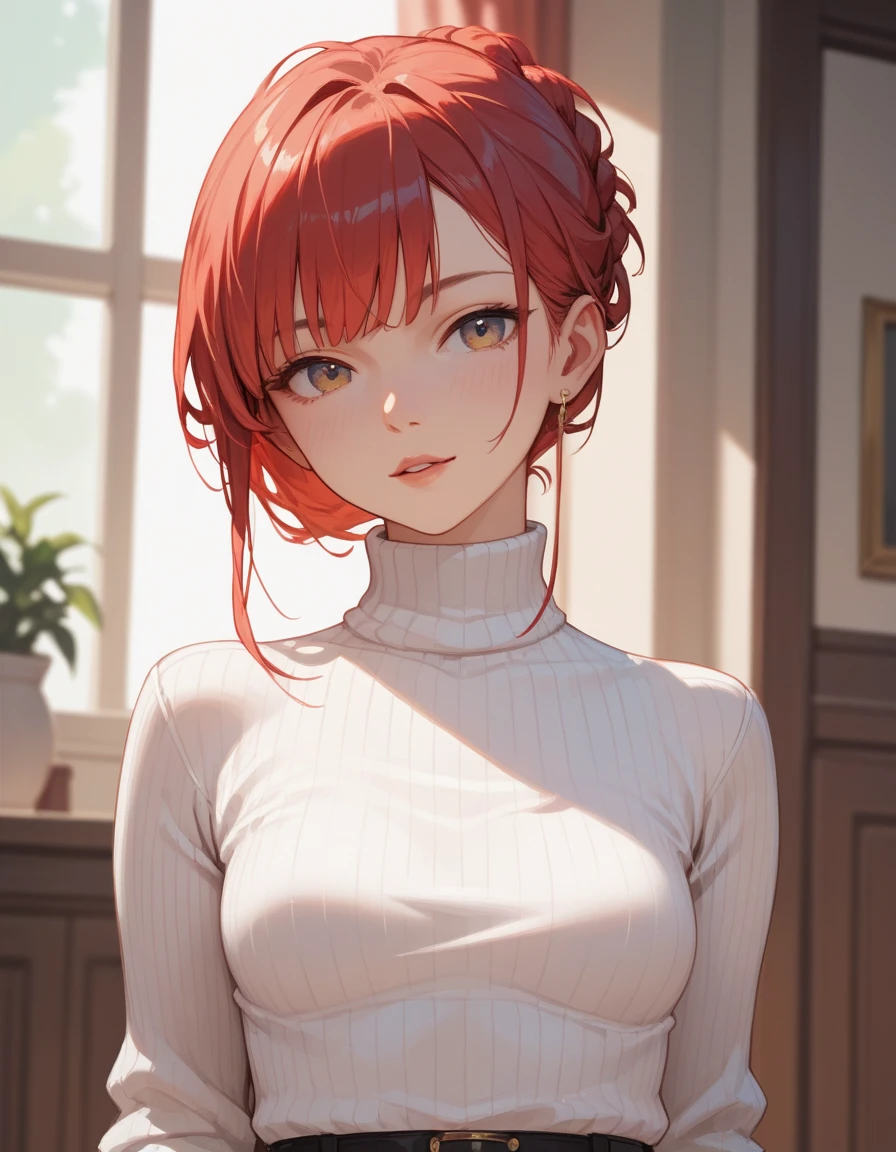 (masterpiece, best quality, wide view), half body, 1 woman, 29 years old, small breast, red hairstyle, white turtleneck sweater, in her room