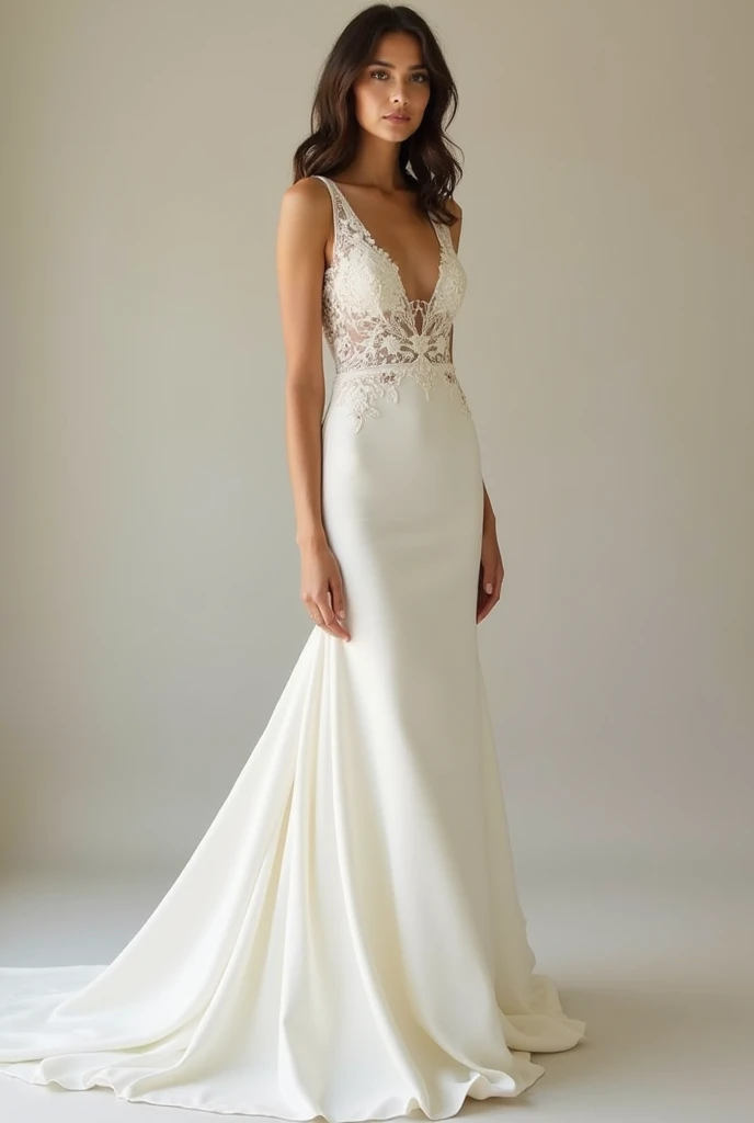Bride wearing satin wedding dress with delicate white flowers printed on it, whole body