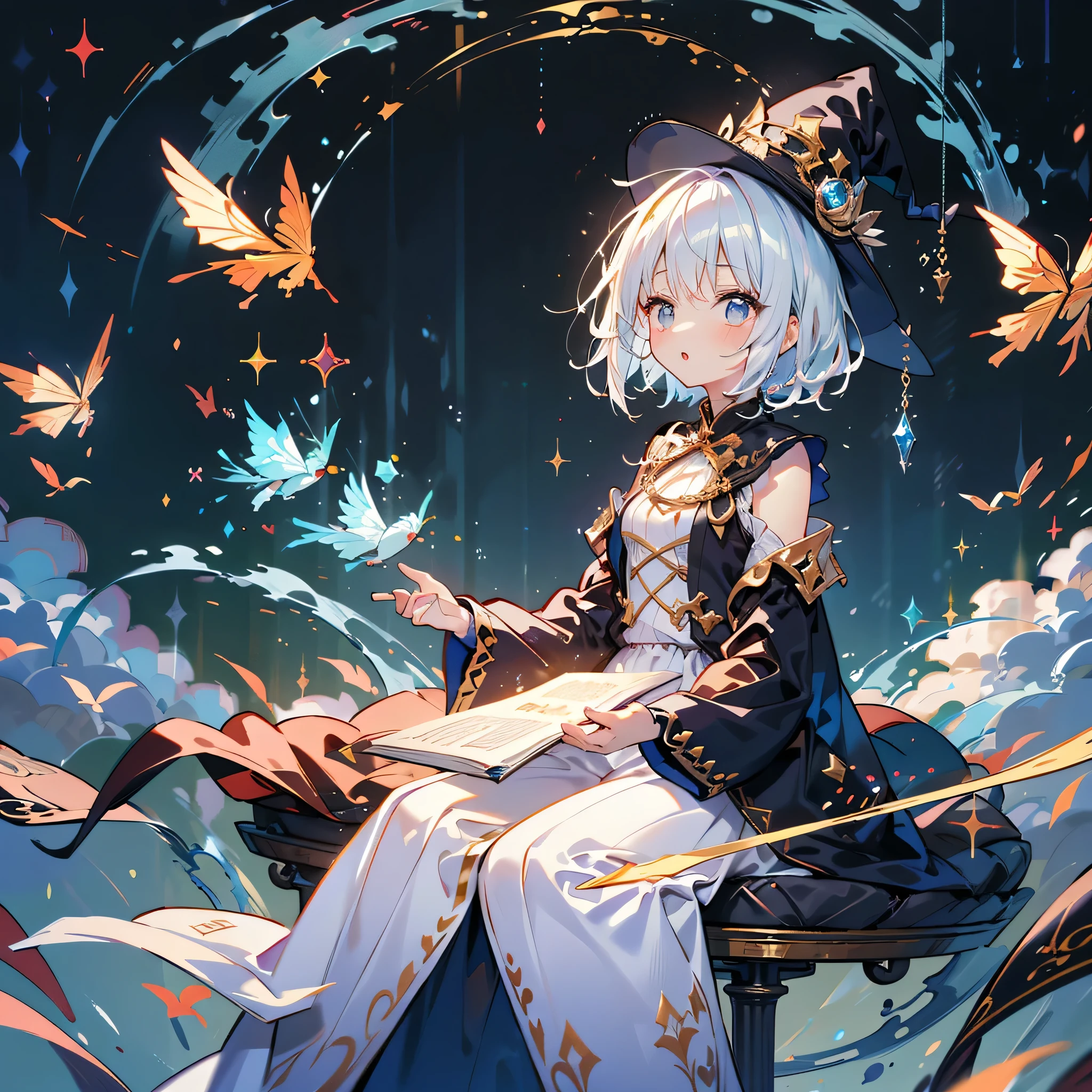 1girl、 pretty 、Babyest Details 、最 High Quality 、最高masterpiece)、 Absurd、 fantasy standing in a church、 Pure White Hair 、The World of Magical Girls、( surprisingly wacky )),(masterpiece:1.2),超 high definition , Attention to Details , High Quality , high definition , 最 High Quality , 4K, 8k,break, shorthair、 long sidebar、Gray Hair、 wizard 、((Sitting on a cane))、(( flying)), year-old stud、cuteh Outfit 、 small silk hat 、🎩、big magic circle、