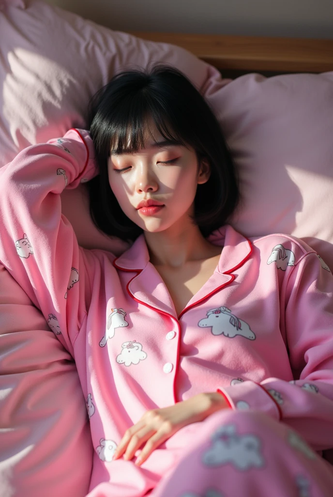 girl sleeping、22 years old、逼真、Wearing pink pajamas、Has black hair。insertion、Female genitals、masturbation、touch
