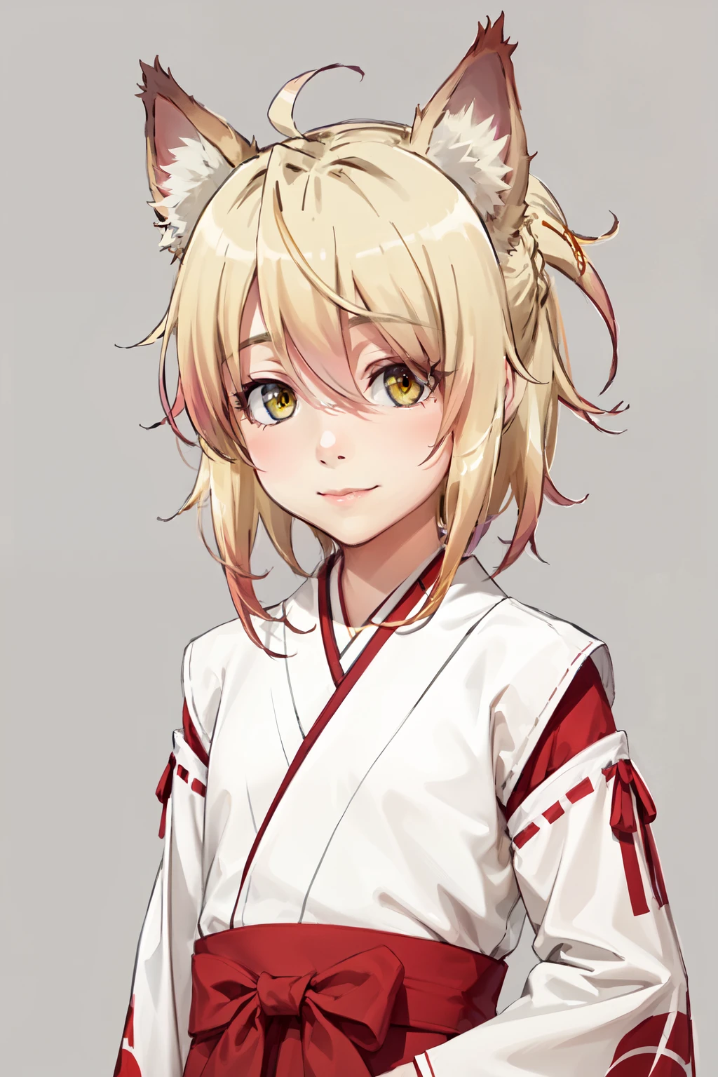  masterpiece ,  The best quality , 1 girl, feel,  blond hair ,  short hair, collect,  yellow eyes,  Fox ears ,  Japanese clothing , red as well, Monkey, looking at the spectator,  upper body, smile, Alone, ( simple background , solid gray background )