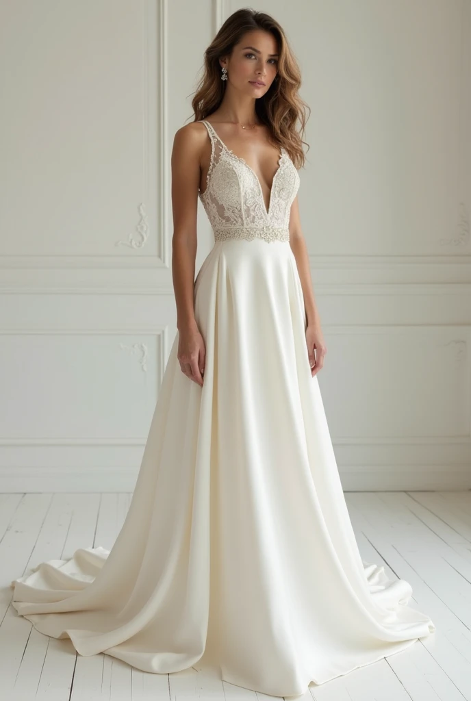 Create a bride's wedding dress. A simple but elegant off-white puff sleeve mermaid satin dress for a female, 5'1ft, 46kg in weight and 27 waistline. front