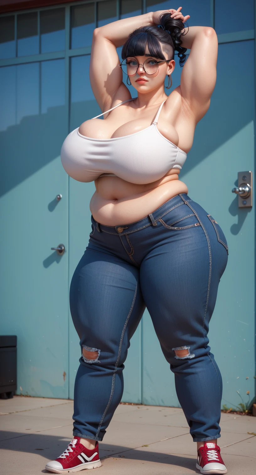 Woman. 31 years old. 1.80m tall. 86kg weight. Lanky, long limbs. Wide hips and wide shoulders. Slight belly paunch. Wavy black hair with long bangs. Hair pinned up in the back. Massive torpedo shaped breasts stretching against her thin sweatshirt. Boot cut dark blue jeans. Natural hemp sneakers. Roman nose. Round face, full face. Intellectual, reserved. Big thick-rimmed glasses. Friendly, shy demeanor.