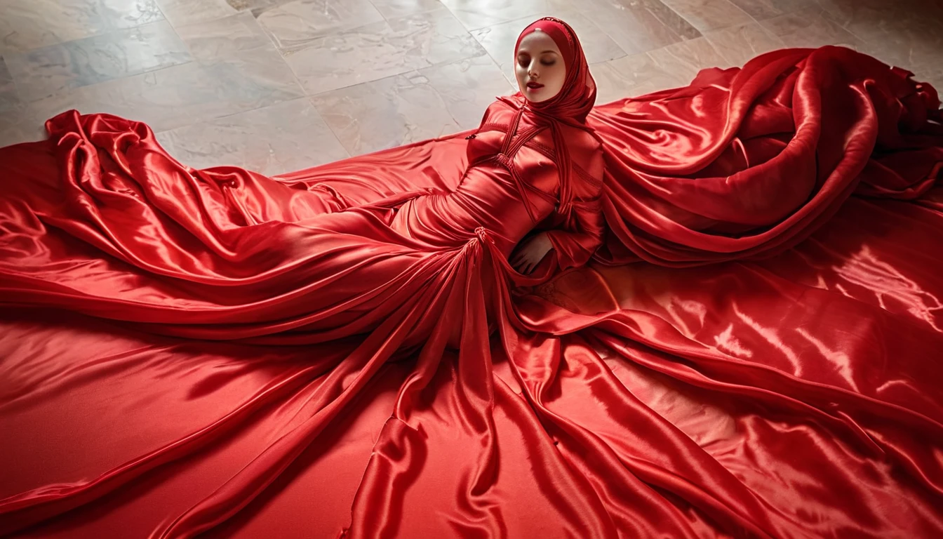 A woman shrouded in a 8-meter-long, plush red satin cloth, tightly bound and grandly draping along the form of her body, flowing off into a pooled floor-length train, styled in a mermaid-inspired outfit, her head modestly veiled in a satin hijab, 175 height woman, in studio photo, a full-body pose conveying a sense of elegance, captured in a 4k resolution, ultra-realistic