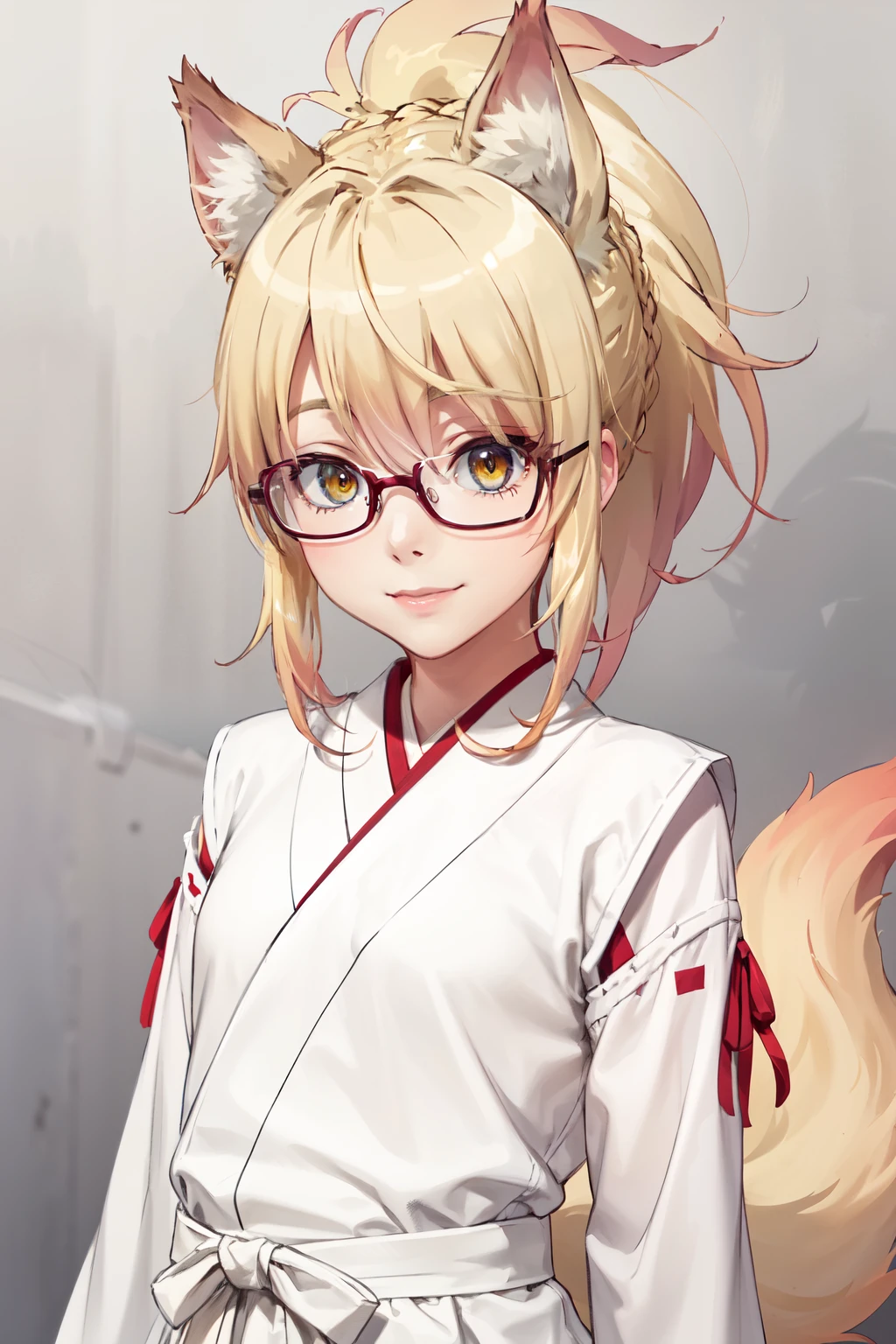  masterpiece ,  The best quality , 1 girl, feel,  blond hair ,  short hair, collect,  yellow eyes,  Fox ears ,  Japanese clothing , red as well, Monkey, looking at the spectator,  upper body, smile, Alone, ( simple background , solid gray background ) sarifi , smile, string, neck, ( masterpiece ,  better quality , Detailed:1.3)  A kitsume with dark orange, voluminous hair in a ponytail that reaches her lower back, bright orange eyes, dark, thick tail with a white tip ,  wearing a maid's costume and glasses like a librarian  