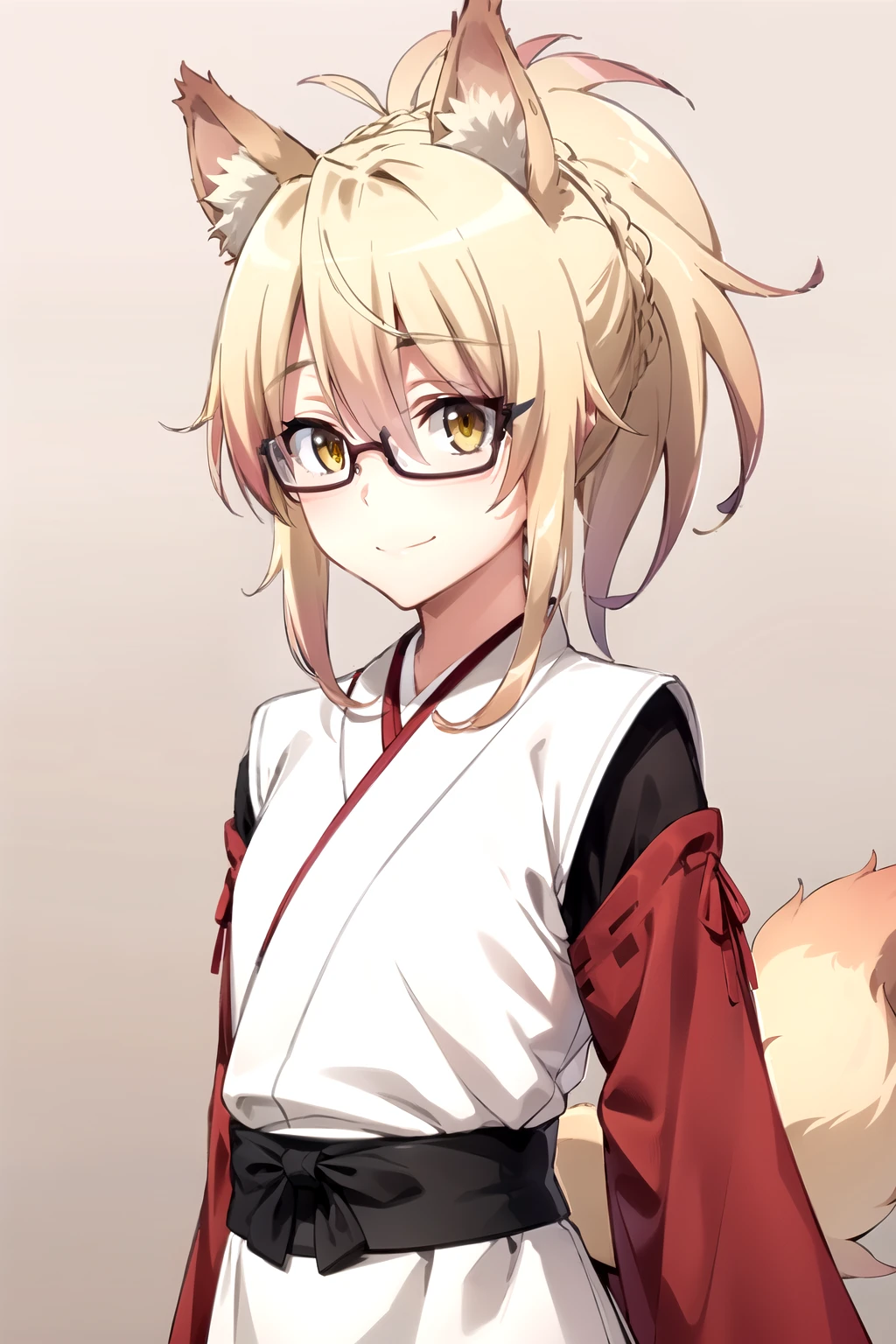  masterpiece ,  The best quality , 1 girl, feel,  blond hair ,  short hair, collect,  yellow eyes,  Fox ears ,  Japanese clothing , red as well, Monkey, looking at the spectator,  upper body, smile, Alone, ( simple background , solid gray background ) sarifi , smile, string, neck, ( masterpiece ,  better quality , Detailed:1.3)  A kitsume with dark orange, voluminous hair in a ponytail that reaches her lower back, bright orange eyes, dark, thick tail with a white tip ,  wearing a maid's costume and glasses like a librarian  