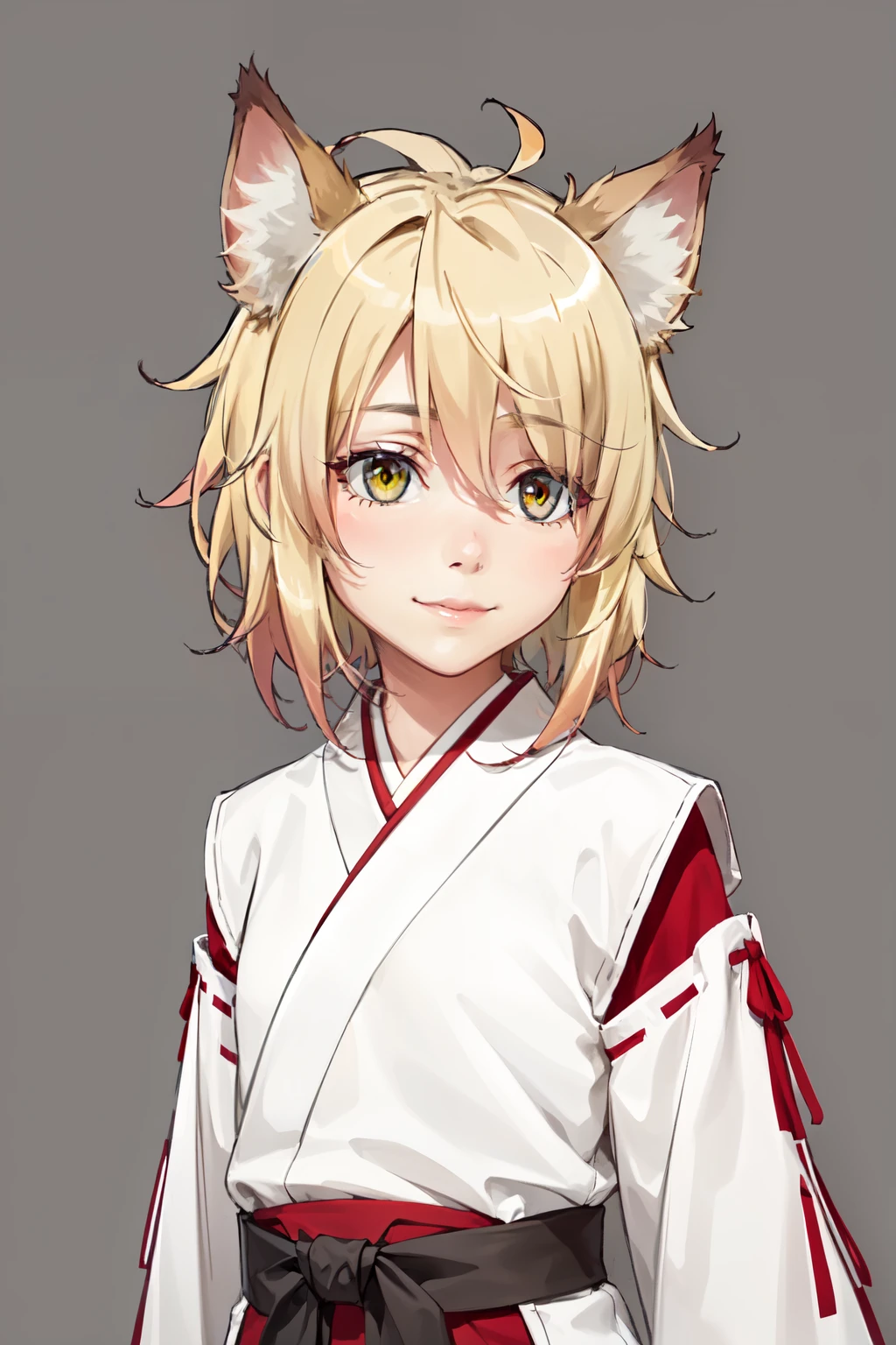  masterpiece ,  The best quality , 1 girl, feel,  blond hair ,  short hair, collect,  yellow eyes,  Fox ears ,  Japanese clothing , red as well, Monkey, looking at the spectator,  upper body, smile, Alone, ( simple background , solid gray background )