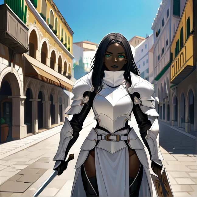 Masterpiece, HD, high resolution, high quality, best quality, super detailed. Solo character alone. Fantasy art.
{{(A 40-years-old female-human-paladin:(appearance: Black-african-skin. Black-hair. Beautiful-green-eyes. Black-lips. Sharp-nose. Strong-female-body. Gentle smile. Relaxed expression. she stands 1,81-meters-tall. Gentle honorable demeanor. Loyal warrior personality. She’s running to battle. She hold her sword with left-hand and shield with right-arm.),(equipment: golden-broadsword. Golden-teardrop-shield.)(she wears: white-paladin-armor. White-steel-armored-helmet with white-plumes. Sharp-white-armored-shoulders. White-armored-white-cuirass. White-sharp-belly-armor. White-shoulders-armor. White-arms-armors. White-armor-gauntlets. White-neck-armor. White-armored-belt. White-armored-hips. White-armored-skirt. White-legs-armors. White-knees-armors. White-armored-boots. White-armored-shoes. Black-padded-pants under-armor. Black-padded-shirt under-armor.),(scenery: sunny sky. Modern-fantasy-italian-city. Multicolored-italian-styled-streets.))}}