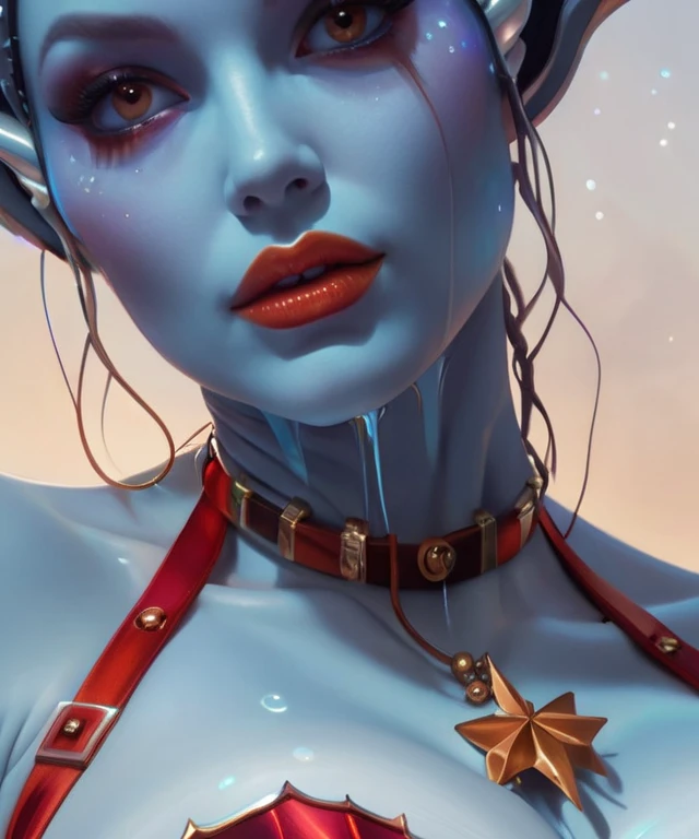 one white girl, star guardian zoe, bust, solo, upper body, blue eyes, long hair, blue hair, choker, nsfw, white skin, open breasts, naked breasts, exposed breasts, nude, bare shoulders, masterpiece, highly detailed, look at viewer, expressing joy, shiny blured orange background, gradient sprayed background, smile, happy face, shy smile, camera from the front, gradient red purple background, blured background, glowing edges of image, (covered in cum:1.2), (cum on breasts:1.2), (cum on face:1.2)