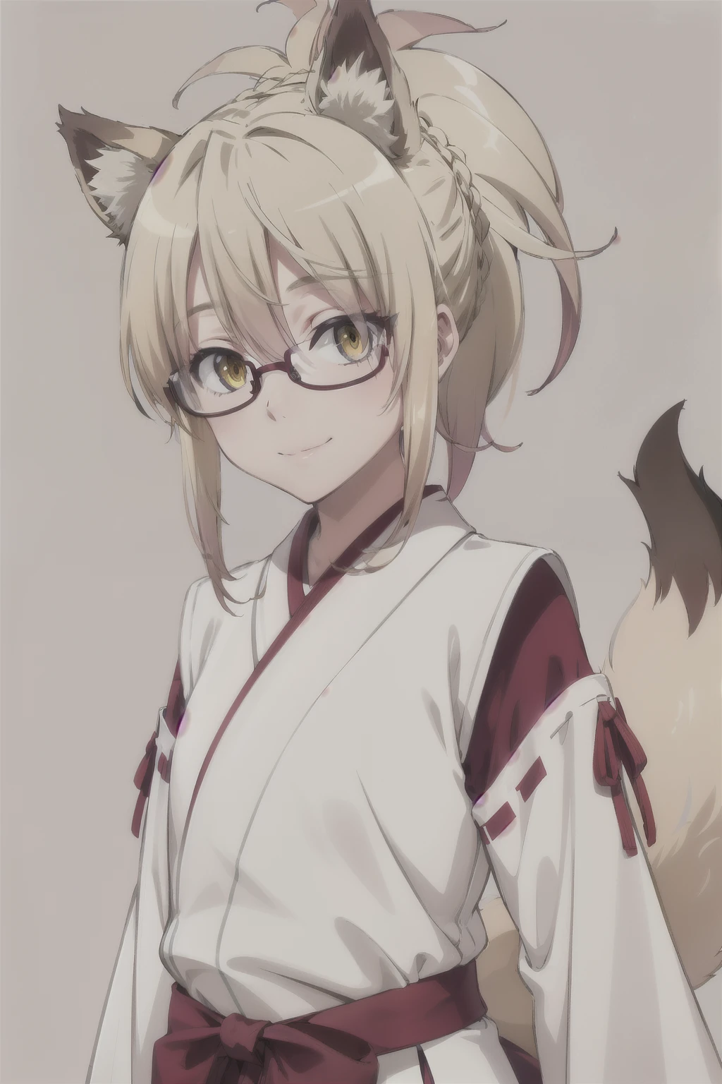  masterpiece ,  The best quality , 1 girl, feel,  blond hair ,  short hair, collect,  yellow eyes,  Fox ears ,  Japanese clothing , red as well, Monkey, looking at the spectator,  upper body, smile, Alone, ( simple background , solid gray background ) sarifi , smile, string, neck, ( masterpiece ,  better quality , Detailed:1.3)  A kitsume with dark orange, voluminous hair in a ponytail that reaches her lower back, bright orange eyes, dark, thick tail with a white tip ,  wearing a maid's costume and glasses like a librarian  