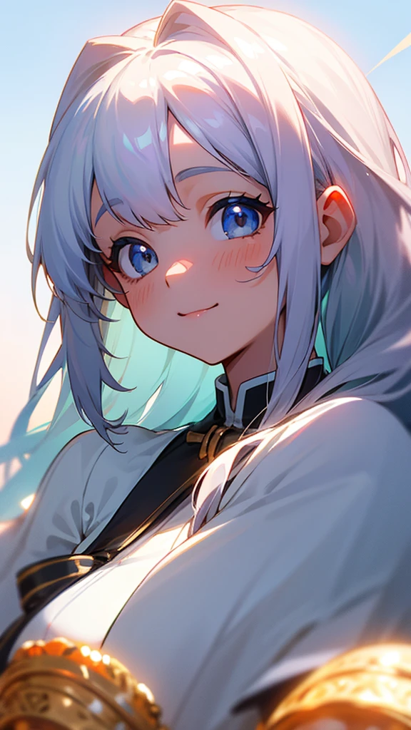  upper body closeup、 best quality、cute、One personの女の子、One person、Silver colored hair、 Long Hair、Beautiful Blue Eyes、smile、french friesを食べる、Golden Hour Sky