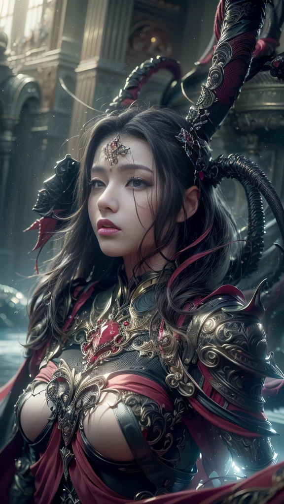 Create an image of the most stunningly gorgeous beautiful kijin, Stunningly gorgeous perfect face,  perfect makeup, detailed perfect silky smooth skin texture, detailed hour glass body figure, very long styled hair,  (matte black kijin armor spiked), ((underboob))), red horns, 