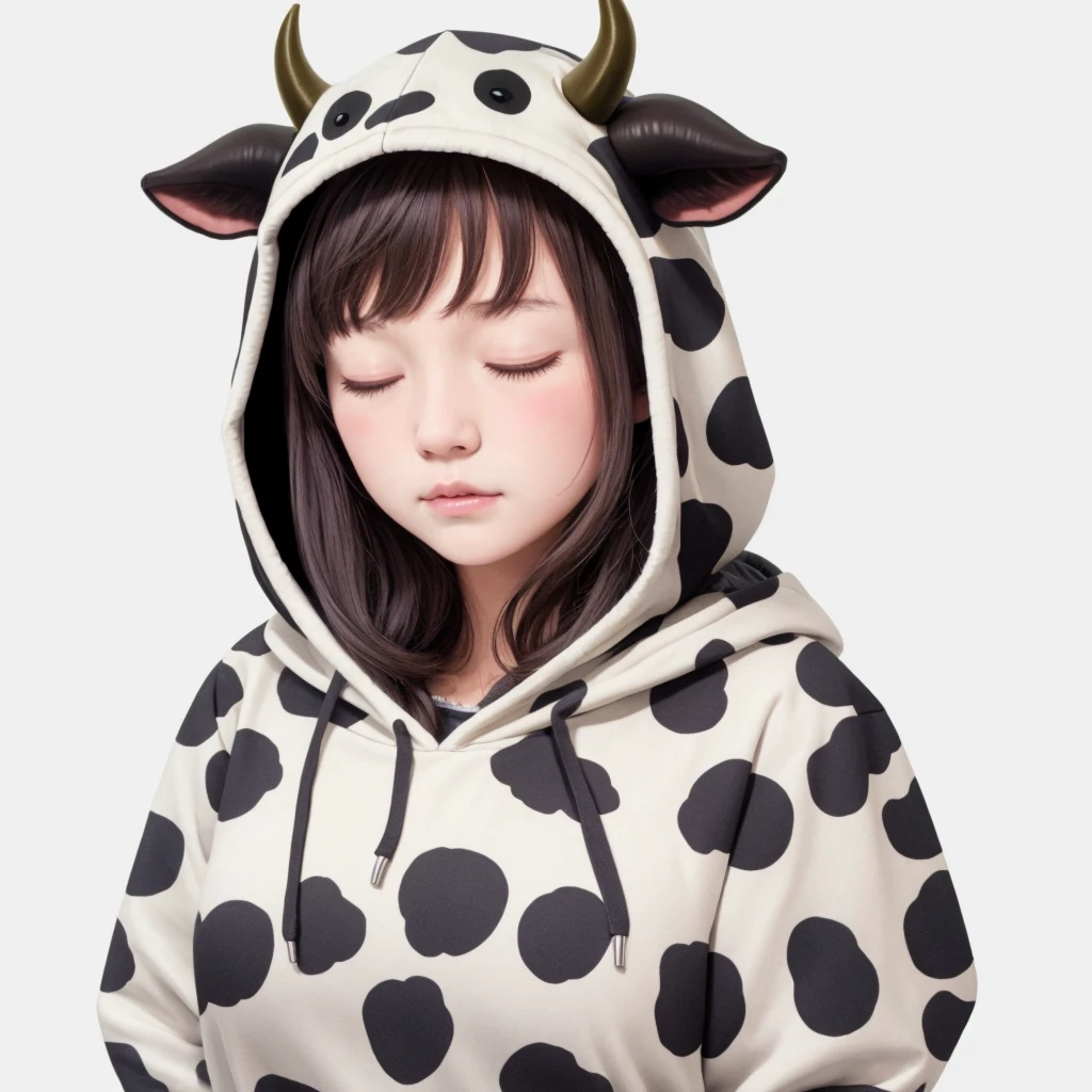 cow print, drooling, upper body, hood, hoodie, blush, parted lips, 1girl, white background, closed eyes, fur trim, hood up, long hair, animal ears, sleeping, grey hair, large breasts, horns, medium hair, fake horns, simple background, solo, animal print, cow horns, cow ears 