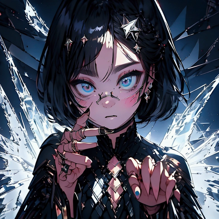 （ Luxurious Design 、 high image quality、 black background、blue tone 、 face up） girl、 big explosion in background 、Black Hair、 medium hair、Up Bang、Holding a shard of flat glass、ephemeral、 Glassy Eyes、Sparkling Eyes （Glowing Eyes）、Black clothing、 dress