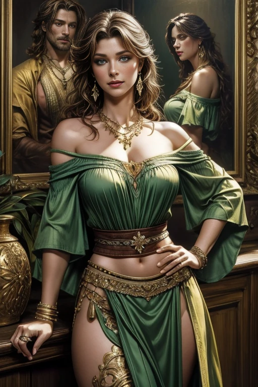 masterpiece,  realistic ,  the highest quality, Primrose Athelhardt ,  green eyes , ,  off-shoulder shirt,  pelvic curtain , necklace,  Portrait painting , bracelet, cowboy shot,  seductive pose,  ulybka 