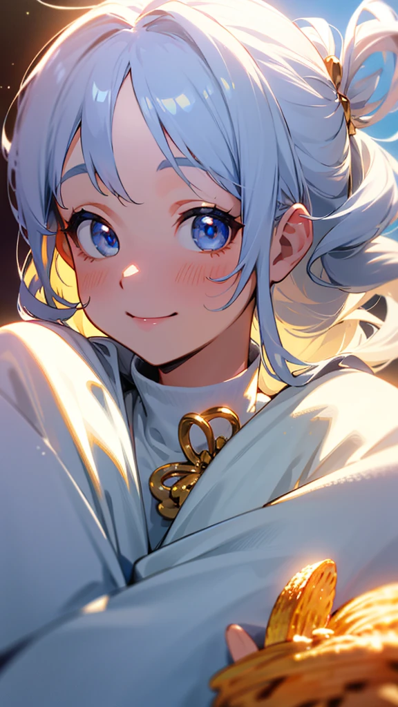  upper body closeup、 best quality、cute、One personの女の子、One person、Silver colored hair、 Long Hair、Beautiful Blue Eyes、smile、french friesを食べる、Golden Hour Sky