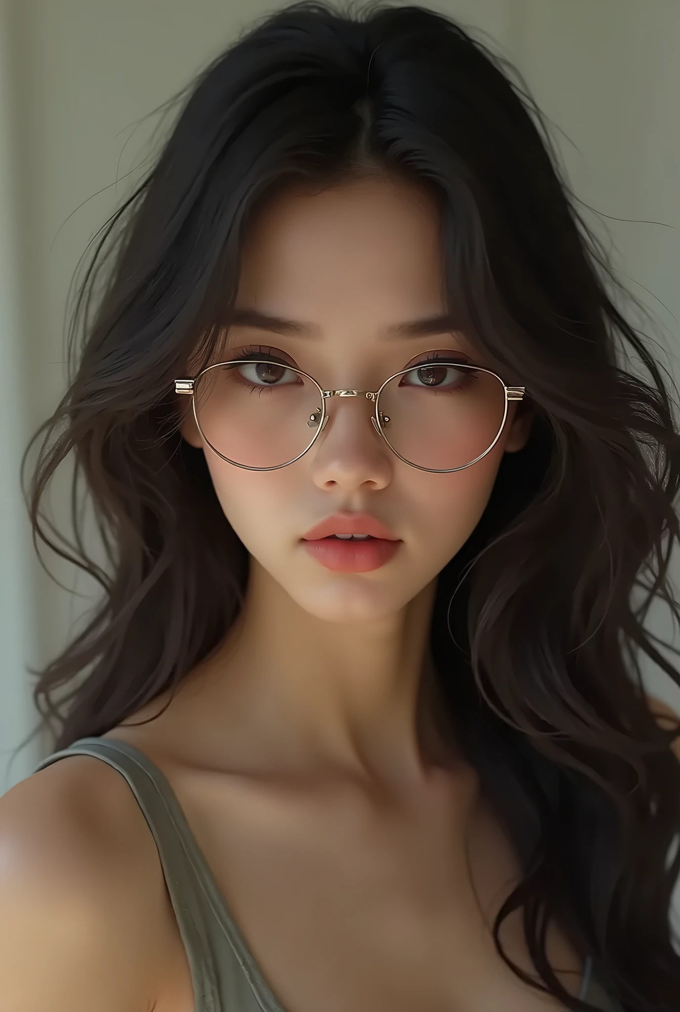 close-up of beautiful korean female , 34 inch breae, cap, glasses, looking side, bokeh background, Polaroid photo, UHD