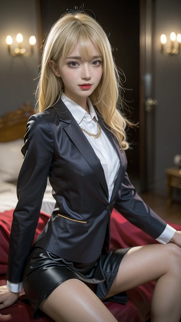 One female、office building Meeting Room、nordic、comb your hair、huge 、beautiful feet、cross earrings、black high heels、eyes are blue、blonde long hair、Black Office Jacket、I can see your chest white Y-shirt red lace bra、gray pants suit、Are standing、angry face