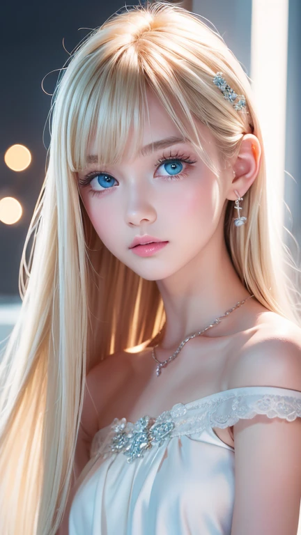 A very cute blonde beauty、Cute 、Very beautiful bright pale light blue large eyes、Very big eyes、Gloss Face、Snow-white glossy skin、Cheek gloss highlighter、Super long hair、Ample Bust、Beautiful bangs between the eyes、Small Face Beauty、round face、eyeliner