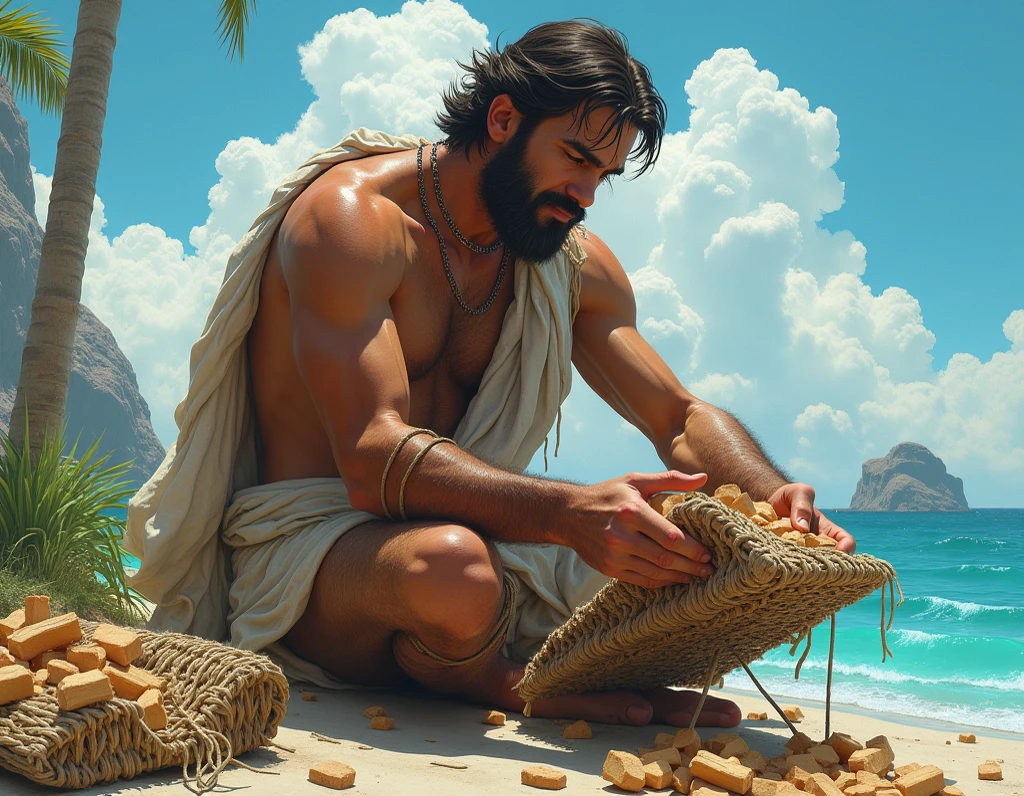 primitive man, aboriginal Neanderthal, long dark hair picking up shells on a beach full of shells on the ground, full of fish bones on the ground