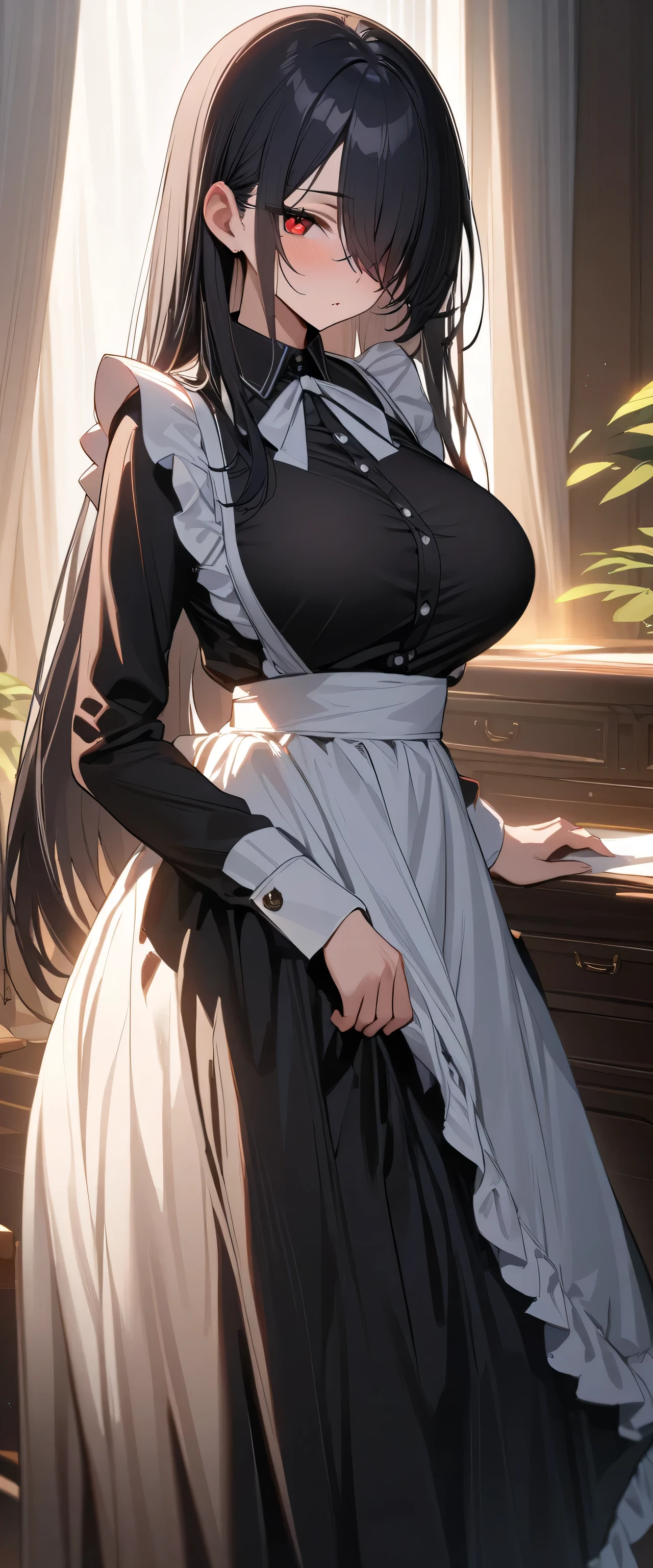 (masterpiece, best quality, absurd), (((Full and soft breasts,)))(((Huge breasts))) (((Cleavage))) (Perfect curvy figure), A woman,Mature,Mature,25 years old,Black Hair, Long straight hair, Bangs, Large Breasts, Tight waist, Purple Eyes, petal, Blue tanned skin, indoor, Gunsmith,Assault Rifles,maid,Black long skirt,maid headdress, maid apron, Cowboy shooting, blush, A faint smile, Tilting your head, bow