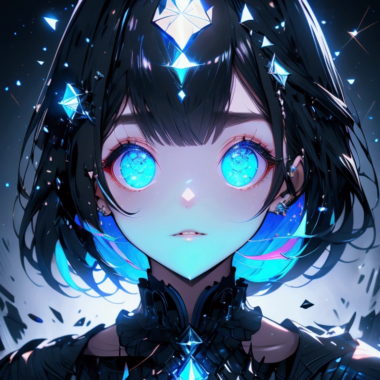 （ Luxurious Design 、 high image quality、 black background、blue tone 、 face up） girl、 big explosion in background 、Black Hair、 medium hair、Up Bang、Holding a shard of flat glass、ephemeral、 Glassy Eyes、Sparkling Eyes （Glowing neon eyes）、Black clothing、 dress