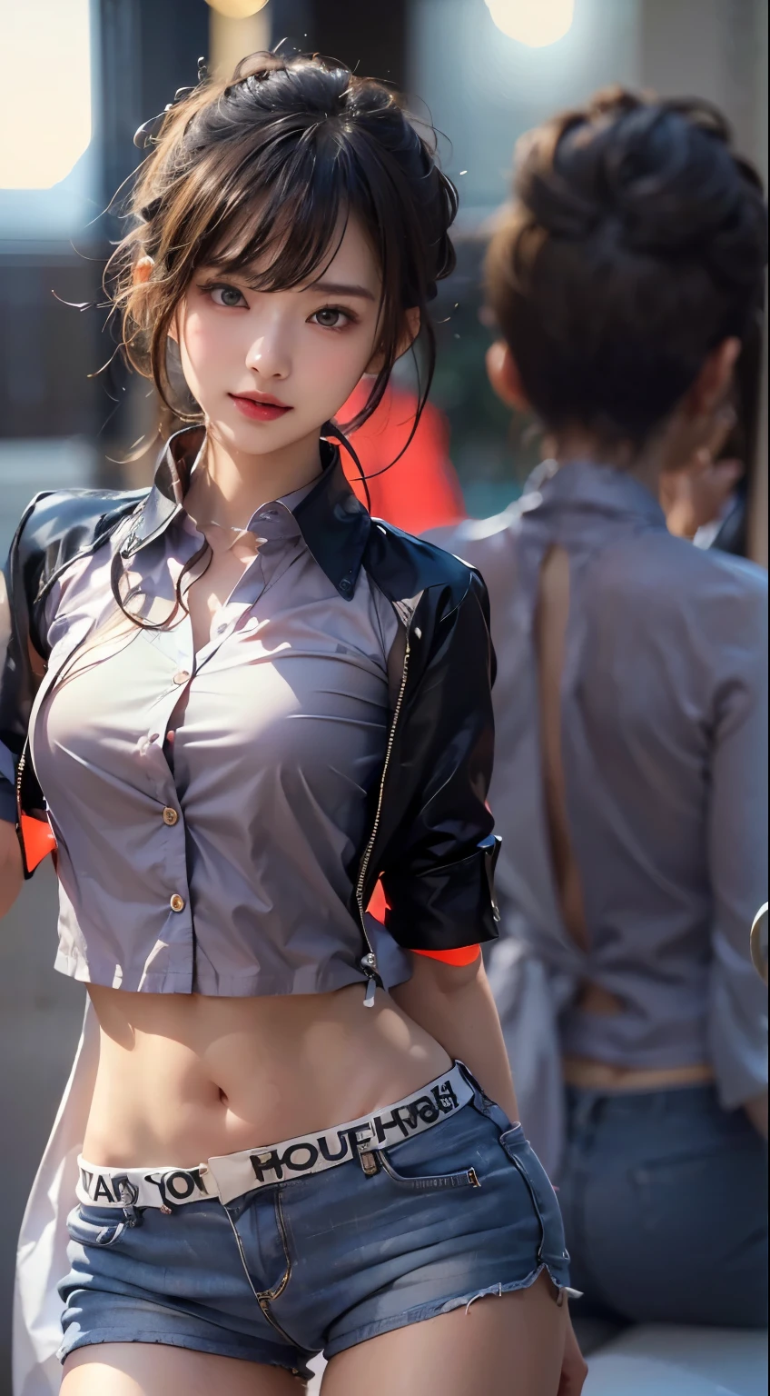 1girl, (VanessaMS:1.3), large breasts, necktie, Tokyo street,night, cityscape,city lights, upper body,close-up, 8k, RAW photo, best quality, masterpiece,realistic, photo-realistic,