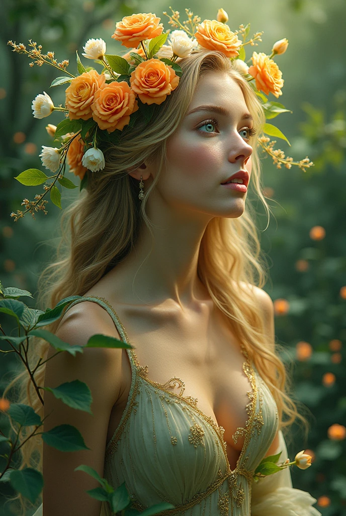 (ultra high res,best quality), (8k, best quality, masterpiece), ((nsfw)),best quality, masterpiece, illustration,CG ,unity ,wallpaper, official art, Amazing, finely detail, an extremely delicate and beautiful,extremely detailed, highly detailed, sharp focus,rich background,blurry background, ((small breasts)) With robes that shimmer like citrus fruit, this enchantress wields the power of oranges, lemons, and limes. Her staff is topped with a glowing orb that changes color, resembling the shifting shades of a sunset over an orchard. Her hair is styled in intricate braids adorned with citrus slices, and her eyes have a sparkling vibrancy like freshly squeezed juice,upper body
