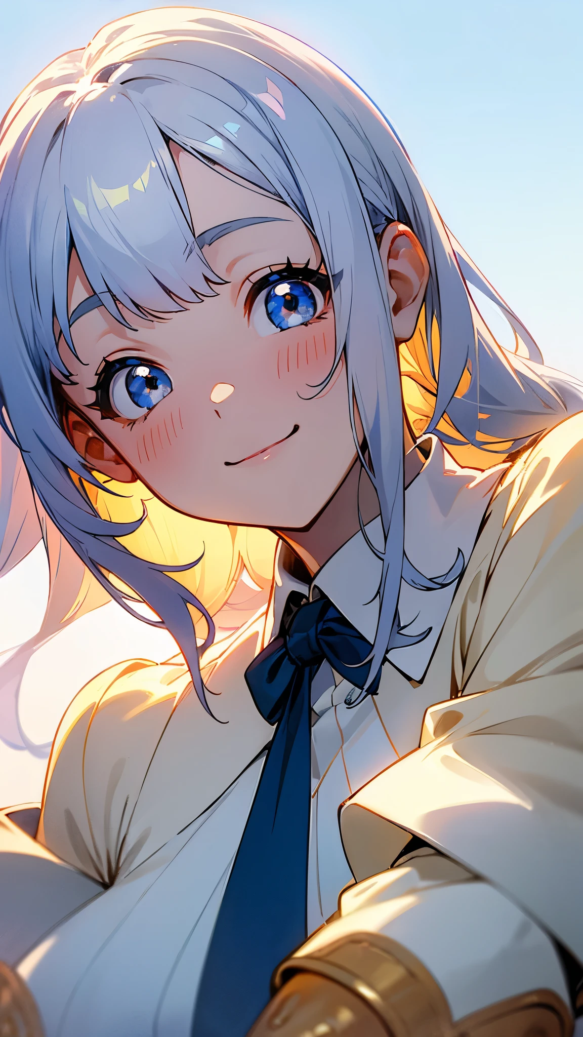  upper body closeup、 best quality、cute、One personの女の子、One person、Silver colored hair、 Long Hair、Beautiful Blue Eyes、smile、french friesを食べる、Golden Hour Sky