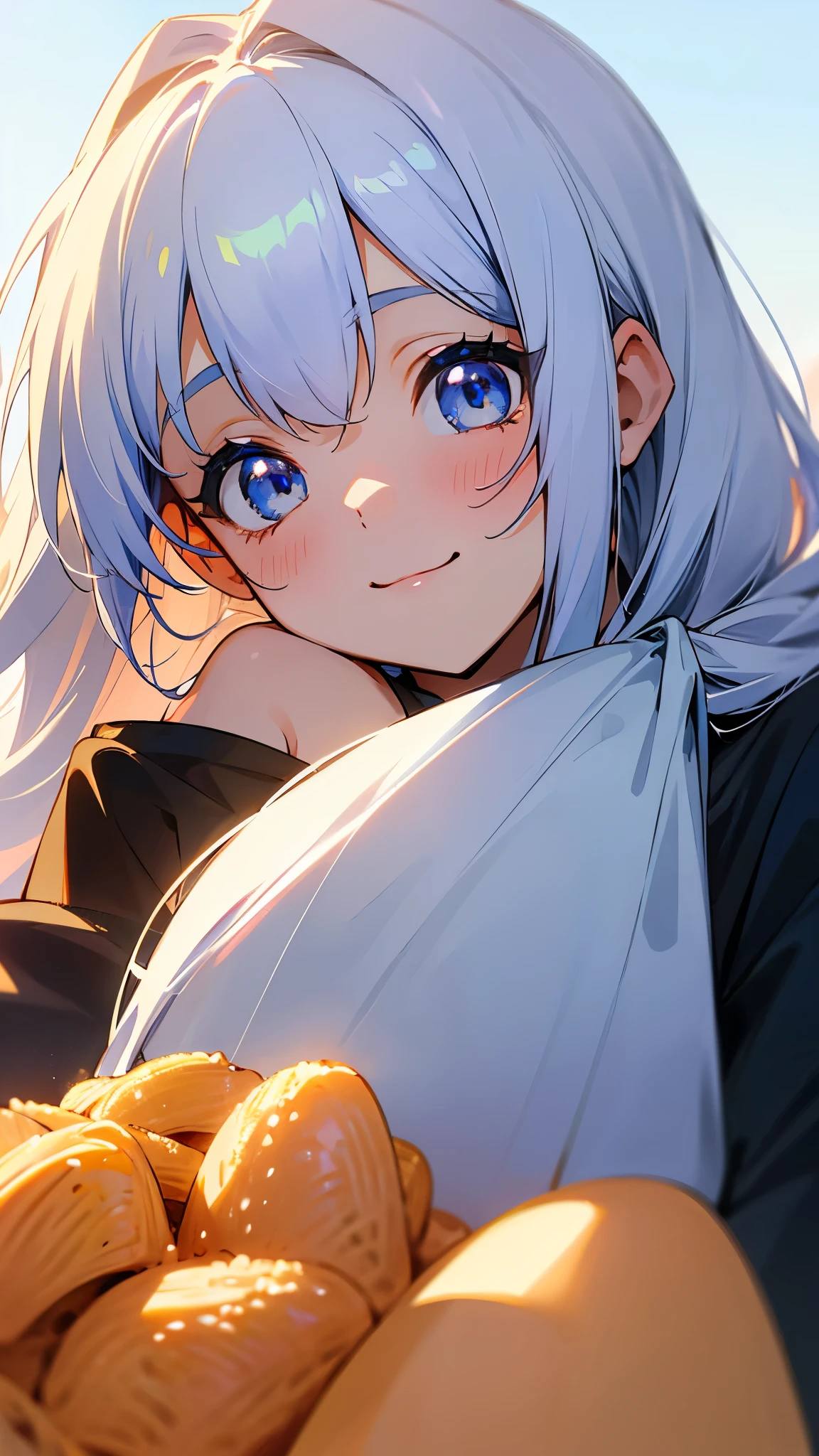  upper body closeup、 best quality、cute、One personの女の子、One person、Silver colored hair、 Long Hair、Beautiful Blue Eyes、smile、french friesを食べる、Golden Hour Sky