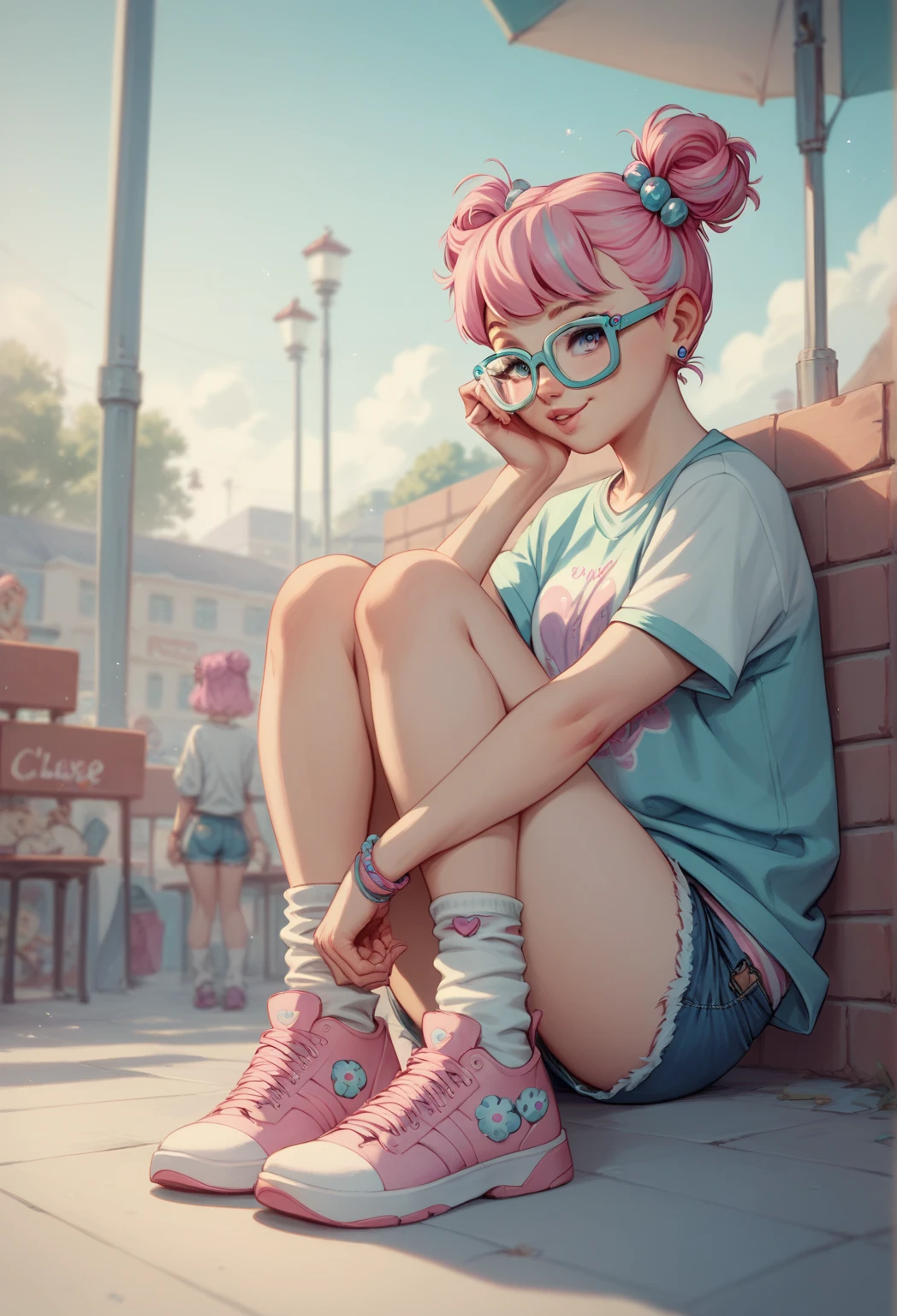 Pastel pink hair with lilac locks ,  eyes big and shiny as the sky ,  big glasses that give it a nerdy but adorable touch.  Comfortable but attractive clothing , such as denim shorts ,  short tops with prints of your favorite games and long socks with stripes.