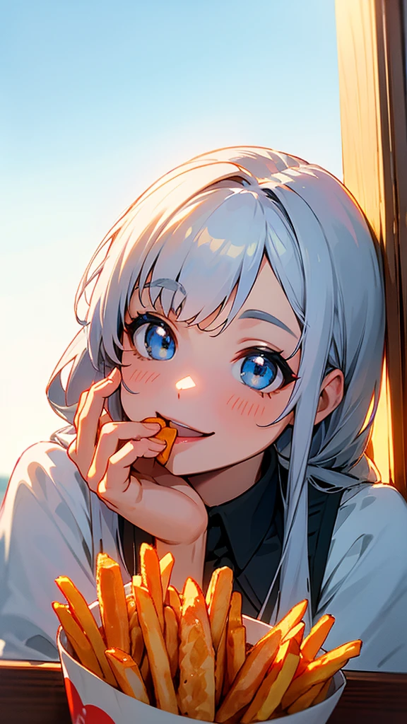  upper body closeup、 best quality、cute、One personの女の子、One person、Silver colored hair、 Long Hair、Beautiful Blue Eyes、smile、Eat French fries deliciously、Golden Hour Sky