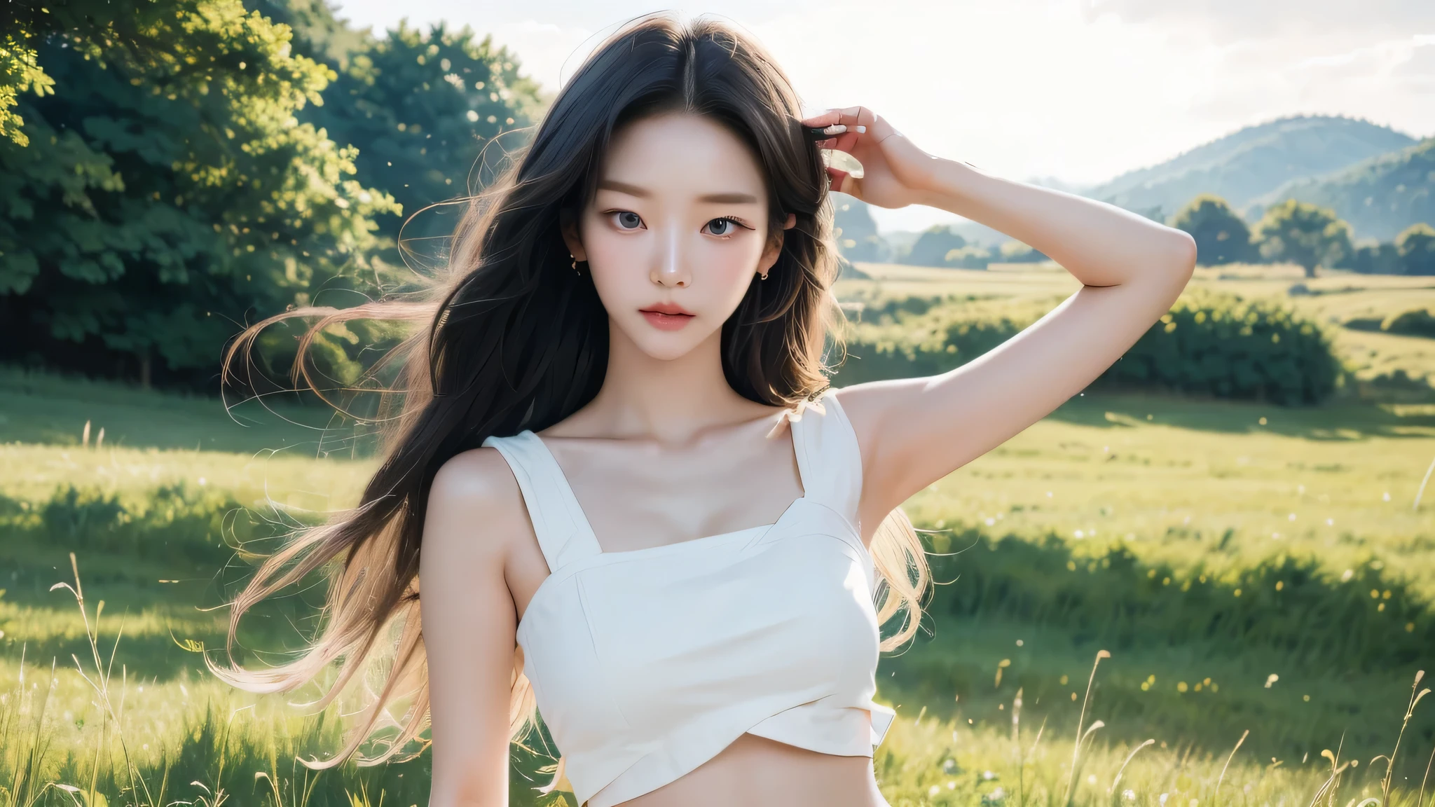close-up of a young Korean woman standing in a green field, Beautiful girl, Strong wind, sunlight, Clear sky, white shirt , shoulder, armpit, Collarbone , Big Bust, abdomen, navel, shorts