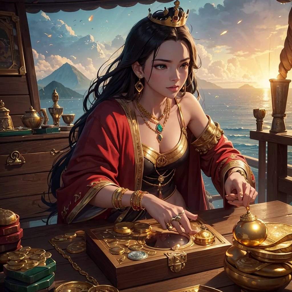 Photo of the Year (From the far left, , )  this is the most realistic image  ,  Close-up HDR image of a pirate ship full of huge treasures,  with a pile of gold nuggets ,  containing gold coins and many valuables :(gem, diamond  ,nil , It's a person  , ring, money , gem , Necklaces ,Bangles, crowns,สร้อย diamond , red jade  ,Treasure Chest ,Treasure Chest,  treasure table  ,big,  elegant vase  )  placing a mountain of monsoon ,  scattered  (  disorganized  )  up to the full deck of a ship , Overflowing ,  gold coins falling from the sky onto the ship . ,  deep clear image , Background.  emerald green sea , nature,  light from the super white sky  ,  } Highest resolution image showing even the pores  , Nikon, Canon, Fujifilm, Sony FE, Sony FE GM,  super realistic, Reflected Light,  Drop Shadow ,  super high resolution, retina,  Masterpiece , Accurate,  Anatomically Correct, textured skin,  super detailed, High detail ,  High Quality ,  Award-Winning , 最 High Quality ,  high resolution icon 